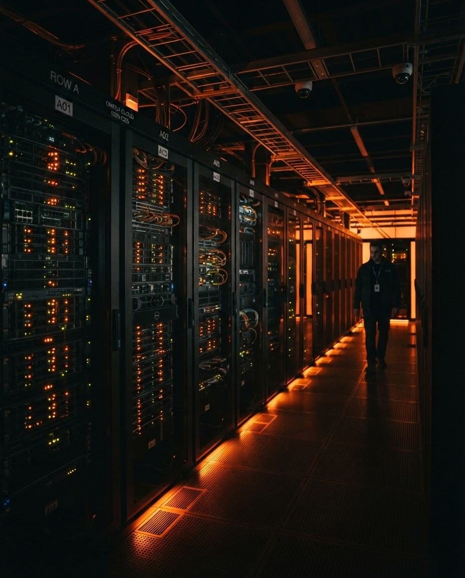 Server room aisle lit in warm orange